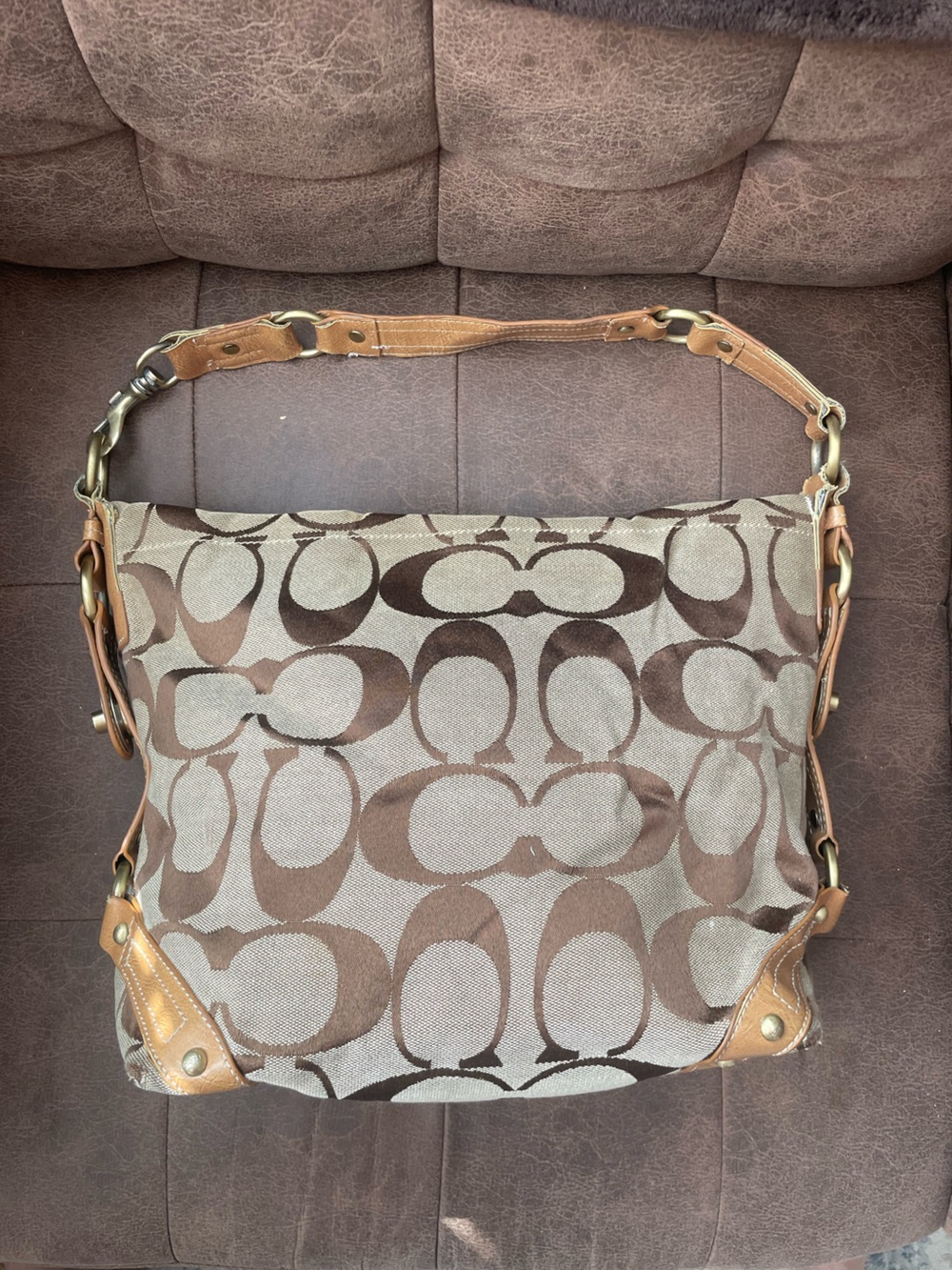 Coach Carley Tan and Brown Signature Canvas Hobo Bag Vintage Logo Interior